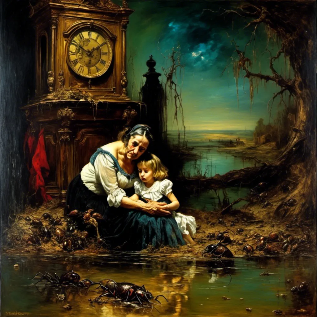 Prompt: <mymodel>a surreal painting in the style of dali of a mother comforting her daughter in a dreamscape with acheckerboard floor crumbling into a river, a grandfather clock, and an ant eater