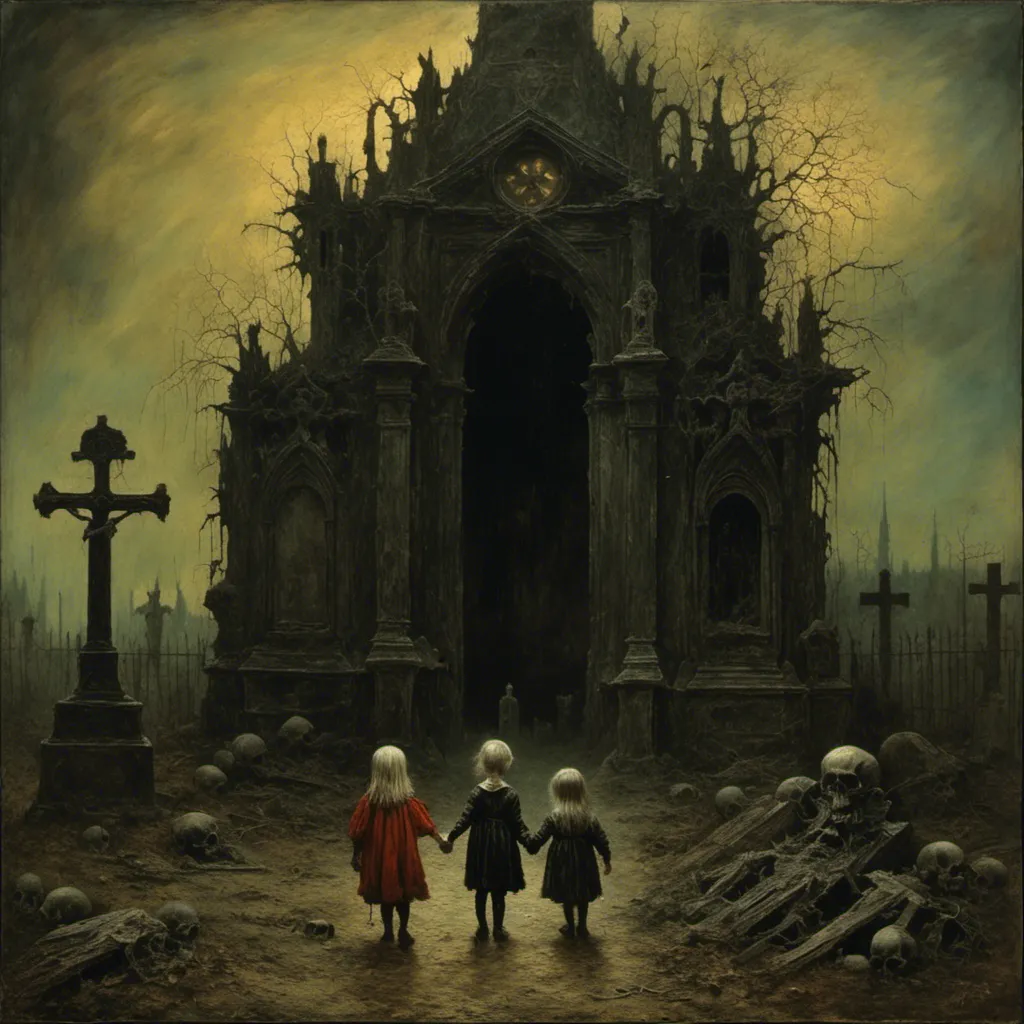 Prompt: <mymodel>a surreal grotesque painting by james gurney, Zdzislaw Beksinski, gothic style, two children holding hands in a graveyard, grotesque, horror