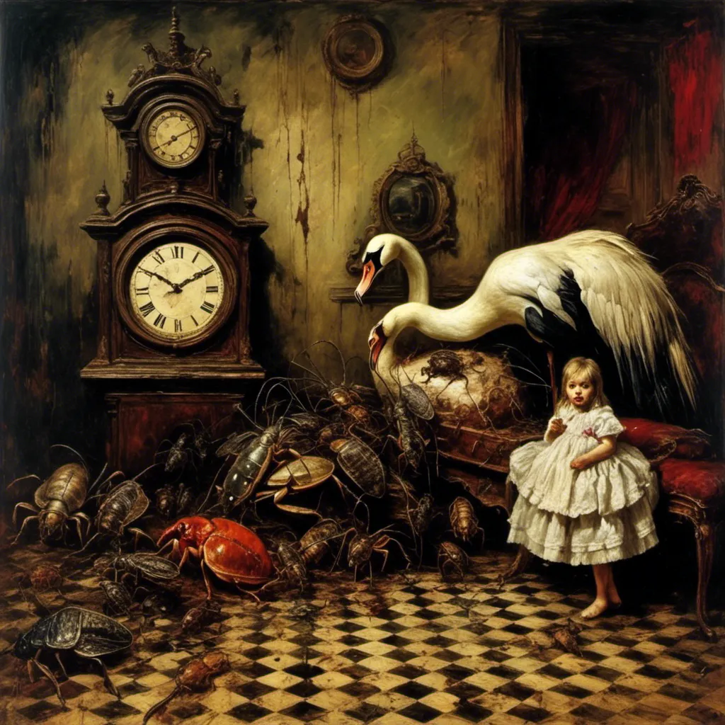 Prompt: <mymodel>a grotesque surreal masterpiece painting in the style of james Gurney, morski, a mother and daughter infected with plague, rotting flesh, checkerboard floor crumbling, a grandfather clock, giant roaches, and a white swan