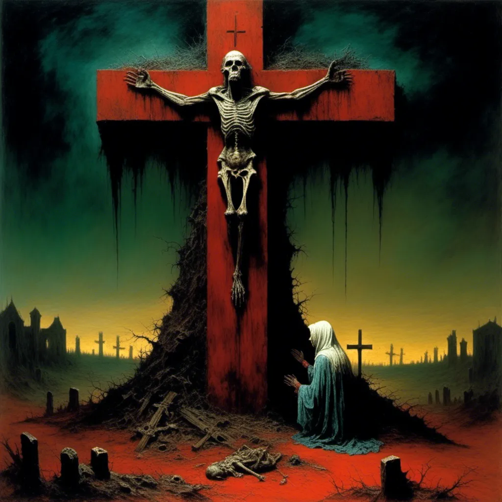 Prompt: <mymodel>woman with leprosy praying in front of cross, painting by Zdzislaw Beksinski, james gurney, grotesque, horror, gory