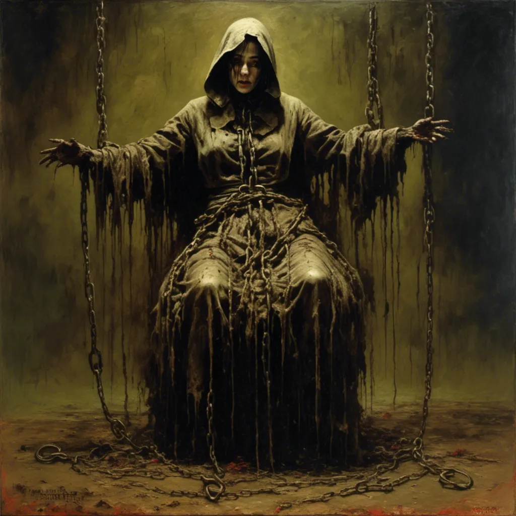 Prompt: <mymodel>insane maggie q in straitjacket, full body levitating, diseased with oozing wounds, shackles and chains, painting by max earnst, Zdzislaw Beksinski, james gurney, max earnst, grotesque, horror, gory