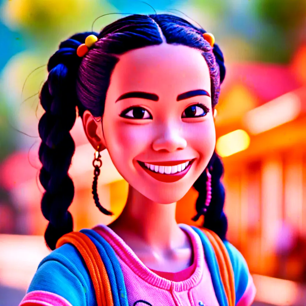 Prompt: <mymodel>Disney style girl with braids and a happy smile, vibrant colors, sunny, high quality, happy, vibrant, sunny, Disney style, braids, detailed eyes, professional, colorful, cheerful lighting