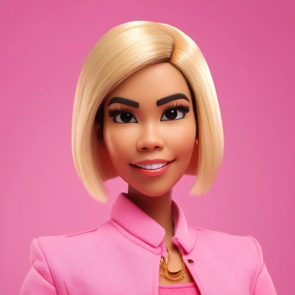 Prompt: <mymodel>Bratz doll with disproportionately very big head and short body, glamorous hip hop style, blond hair, boss beauty facial expression, big lips, big cat eyes, very long black eyelashes, pink background, cinematic, luxury, ads-luxury, detailed features, high quality, professional lighting, stylish pose, realistic, professional 3D rendering