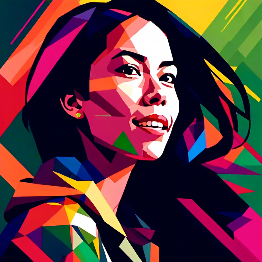 Prompt: <mymodel>WPAP art style portrait of a woman with long hair, vibrant colors, detailed geometric shapes, high-res, WPAP art style, colorful, detailed features, professional, intense color contrasts, vibrant, striking art, bold lines, contemporary, edgy lighting, green and yellow colors