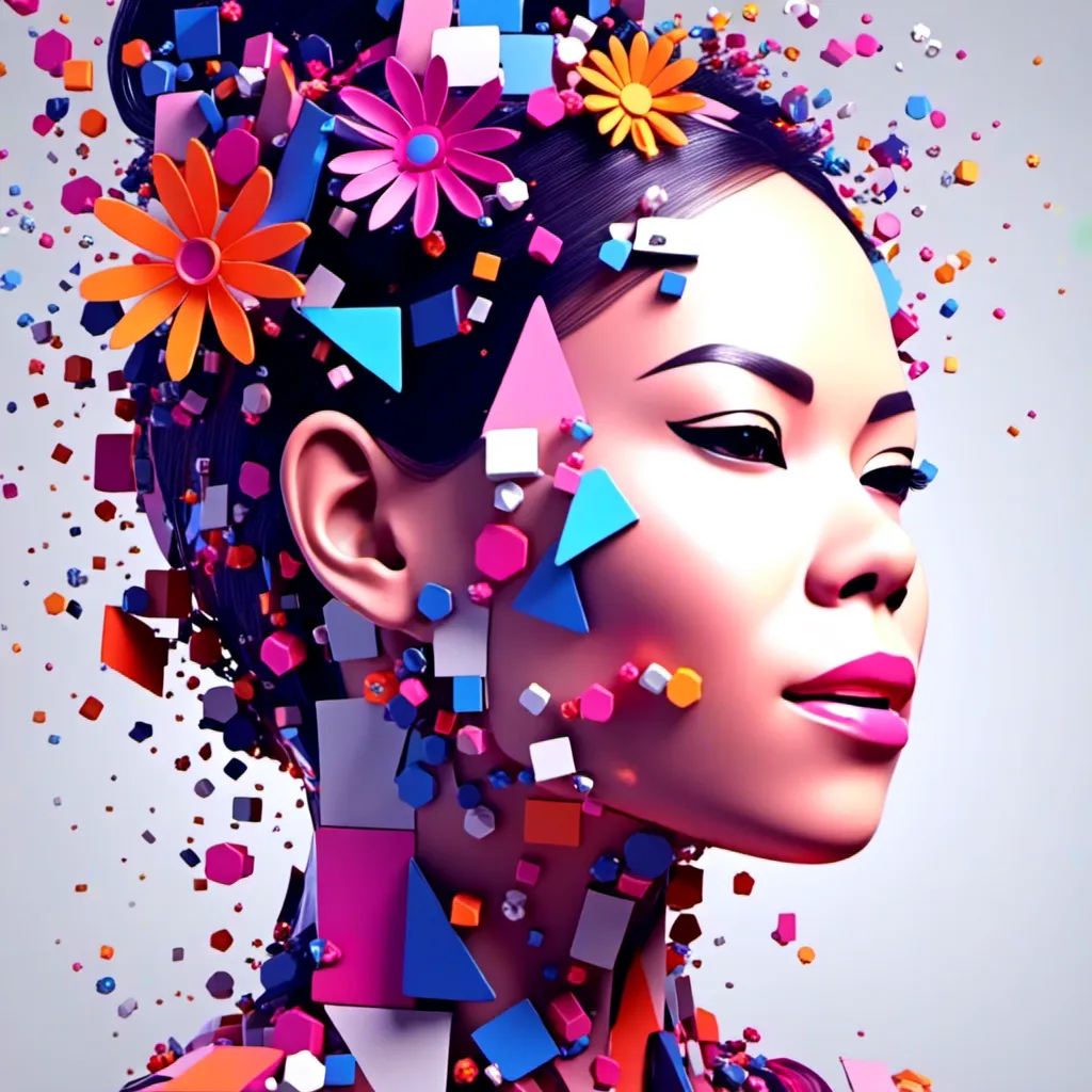 Prompt: <mymodel>3D abstract face and neck of a woman build from digital metallic shapes and cubes, 
hair is covered with different vibrant colerful flowers, high-tech, futuristic, detailed features, professional, digital style, futuristic lighting, face is covered with metallic shapes or cubes or lines 
