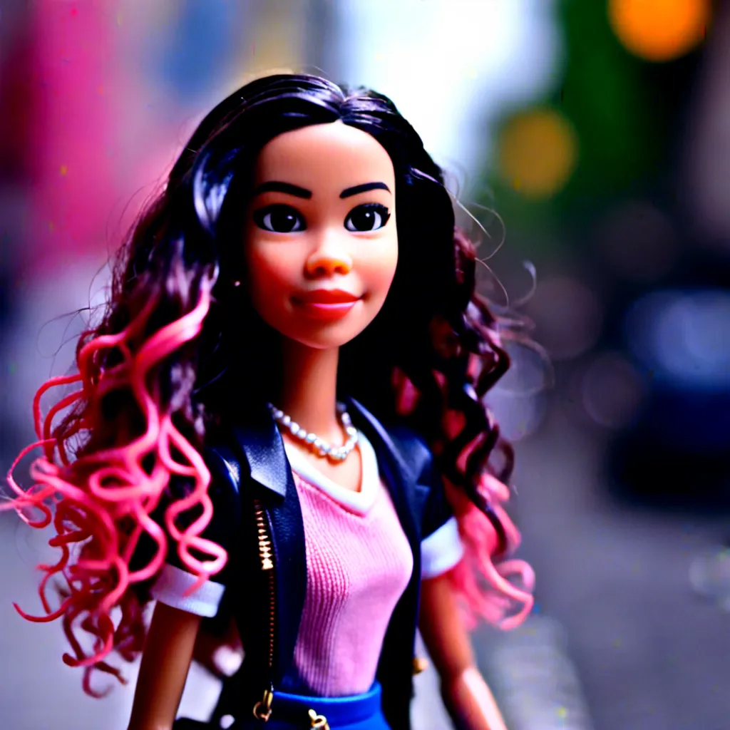 Prompt: <mymodel> realistic bratz doll walking down a sidewalk, with multi coloured long curly hair, boss beauty facial expression, big lips, blurred background,  cinematic, masterpiece, photorealistic, Andries Both, plasticien, stylized, concept art