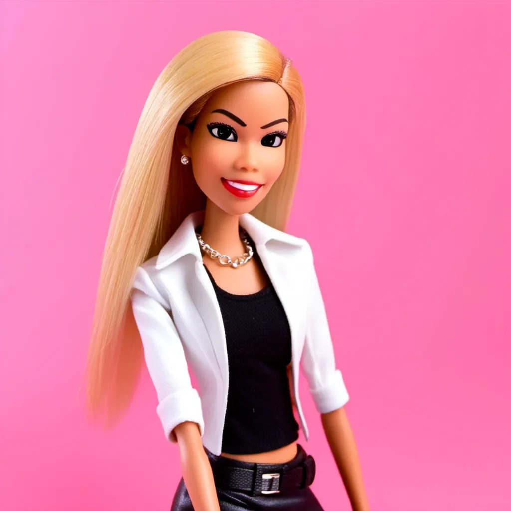 Prompt: <mymodel>Realistic Bratz doll with disproportionately big head, glamorous hip hop style, blond hair, boss beauty facial expression, big lips, big cat eyes, very long black eyelashes, white background, cinematic, luxury, ads-luxury, detailed features, high quality, professional lighting, stylish pose, realistic, professional 3D rendering