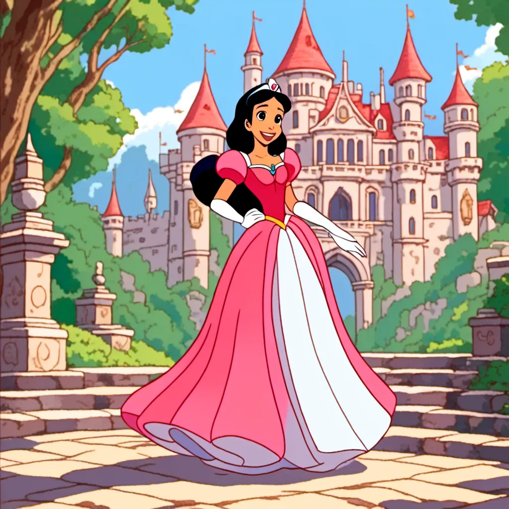 Prompt: <mymodel>as a toon in disney classic art style, cartoon, Vivid, Super-Detailed, full body, Ariel Disney Princess, Cute, smiling, 2d castle in background, 2d