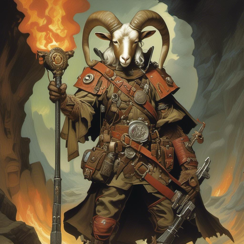 A medieval SATANIC anthropomorphic  goatPaladinwearing an jungle explorer outfit  with adventu