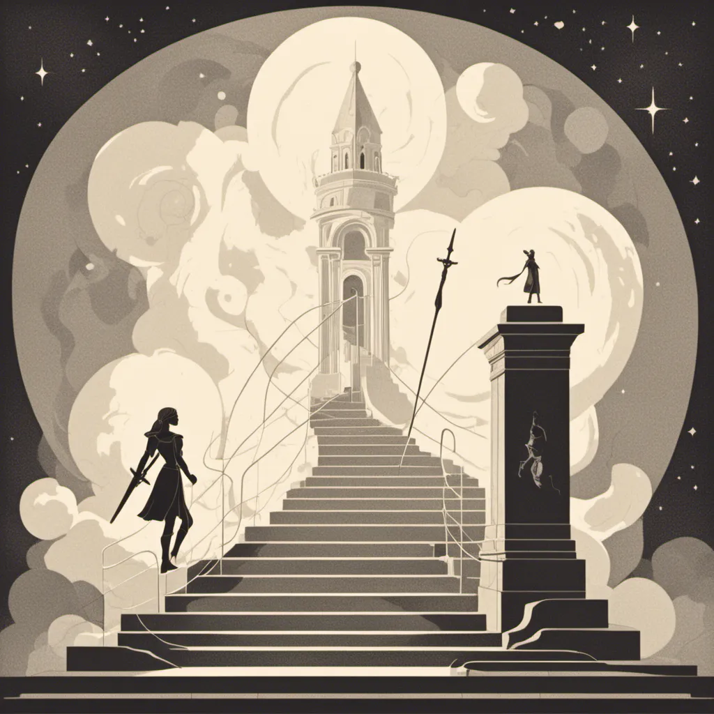 Prompt: <mymodel>(white background),(flat illustration of a woman standing at the bottom of a stairs, holding a sword), (a female knight stands in the middle of the stairs), (at the top of the stairs a shining holy grail floats in the sky), (simple forms), (simple shapes), (vector art), (minimalism), (white background)