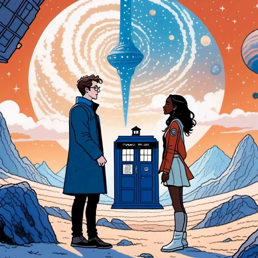 Prompt:  (Sci-fy Illustration) (Close up). A (young white man with glasses) and (<mymodel>) stand on an alien planet together as a romantic couple near a (TARDIS blue police box) from Doctor Who. 