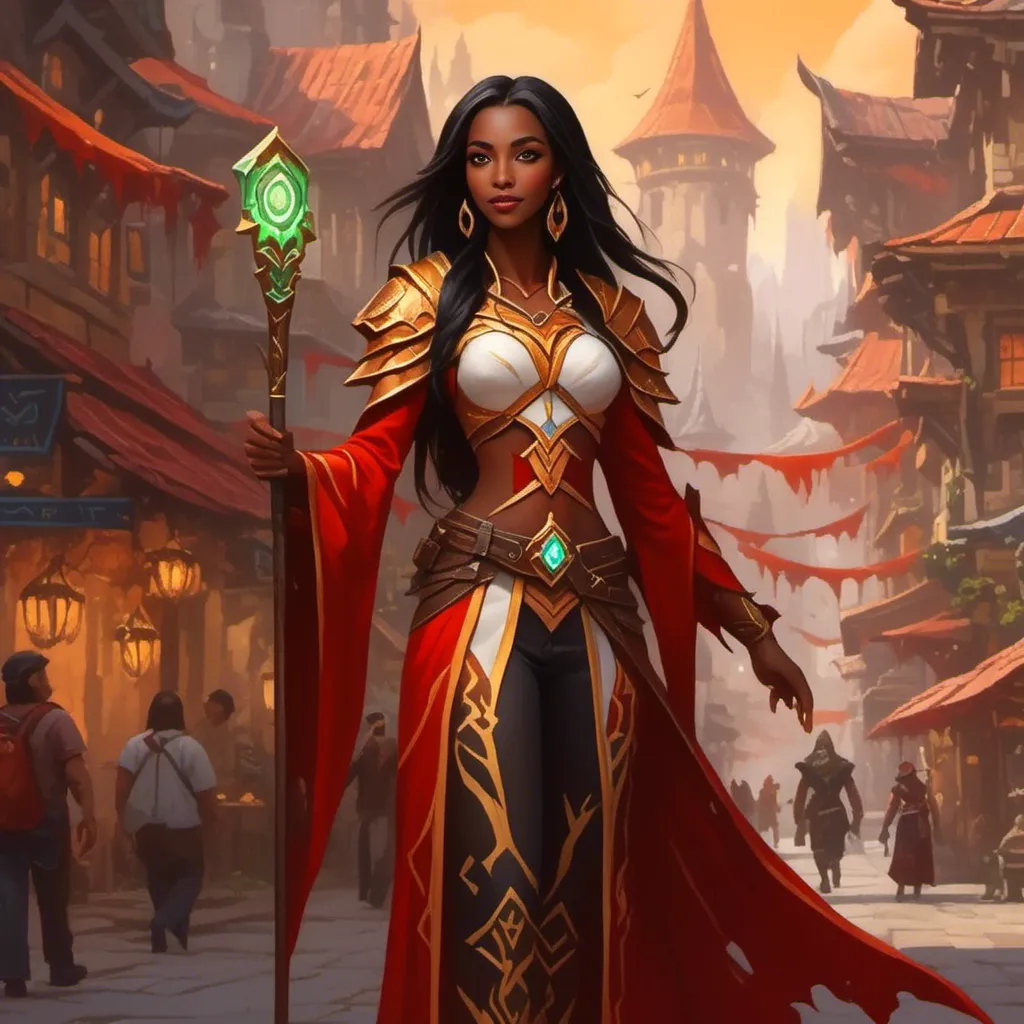 Prompt: (World of Warcraft Art style)<mymodel> is a blood elf mage walking in the streets of Silvermoon City. She wears mage attire and carries a staff. red and gold architecture, shops, and customers.