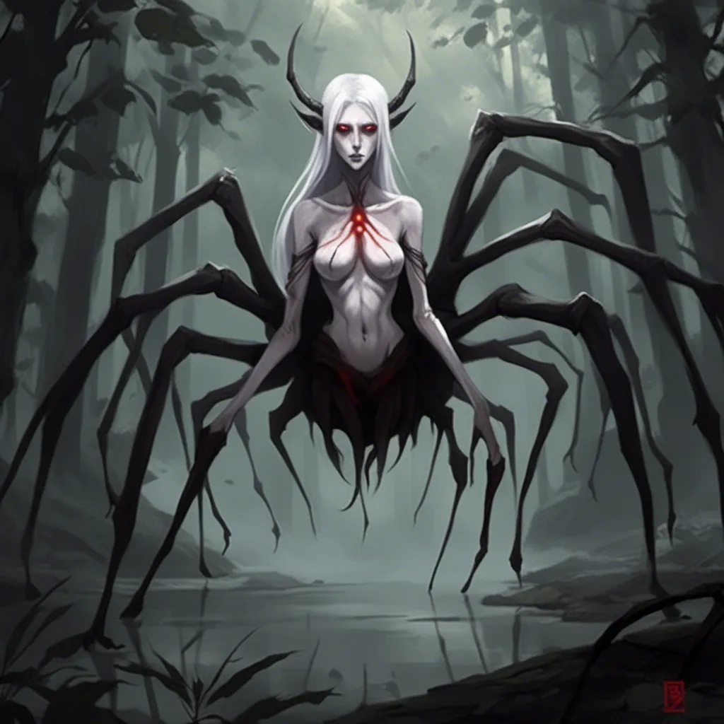 Prompt: <mymodel>
playful albino woman, eight symmetrical red spider eyes, slender extra arms, legs replaced by a large spider, cobweb robes, no legs, dark forest setting