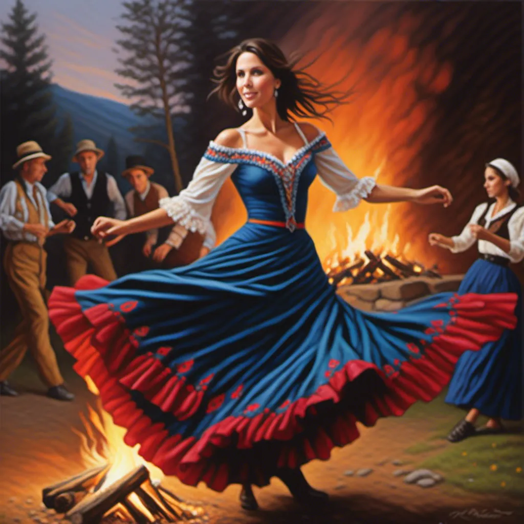 Prompt: <mymodel>Wide-angle, gypsy woman dancing around a campfire, vibrant colors, mesmerizing and fluid movements, high quality, oil painting, bohemian, warm tones, swirling skirts, detailed facial features, expressive eyes, mystical atmosphere, atmospheric lighting