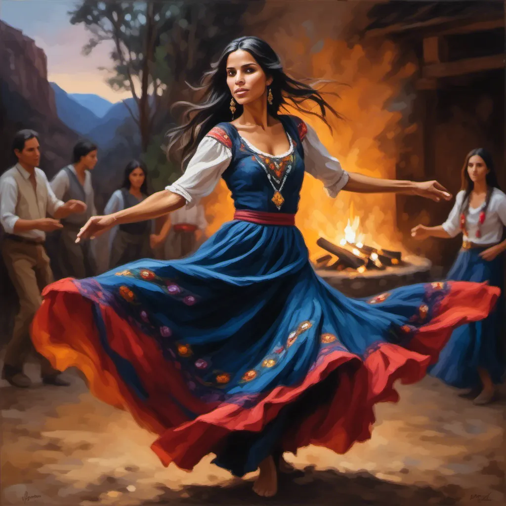 Prompt: <mymodel>Wide-angle, gypsy woman dancing around a campfire, vibrant colors, mesmerizing and fluid movements, high quality, oil painting, bohemian, warm tones, swirling skirts, detailed facial features, expressive eyes, mystical atmosphere, atmospheric lighting