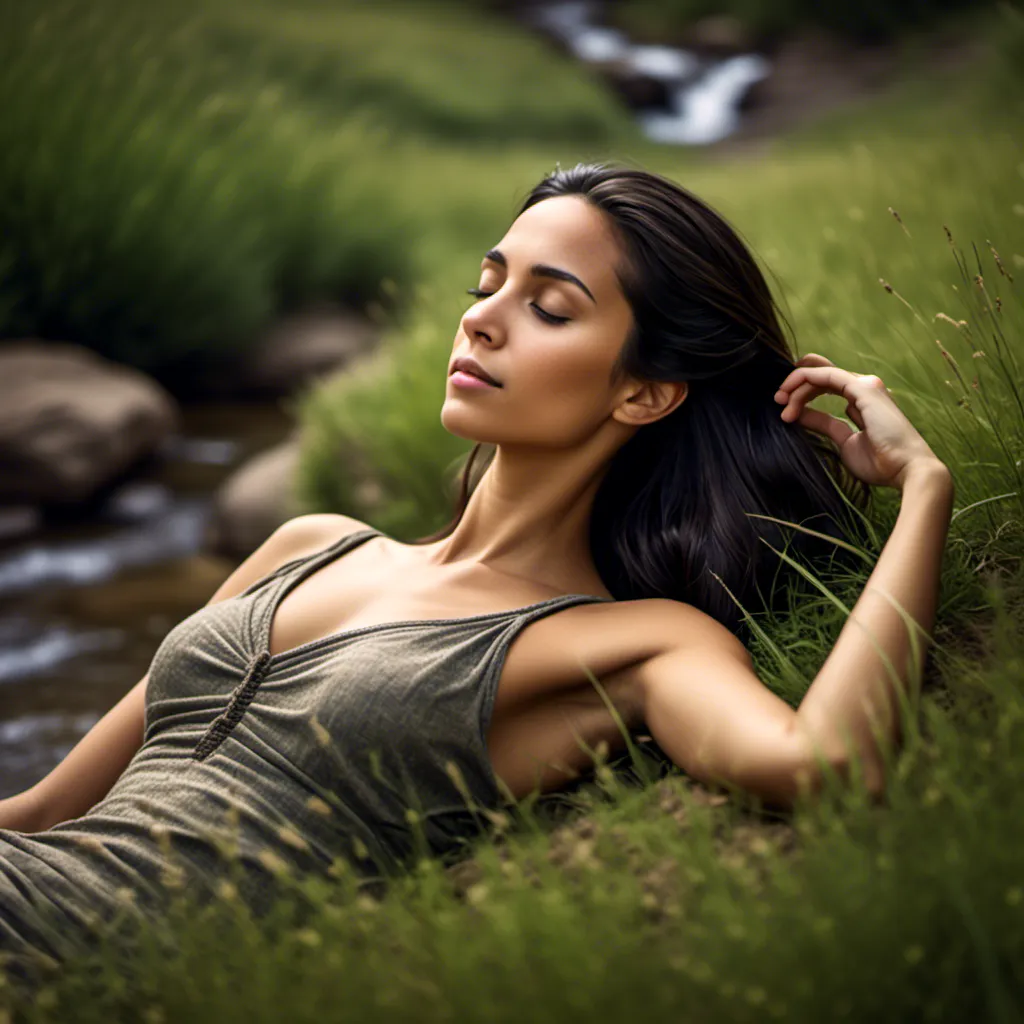 Prompt: <mymodel>Relaxed, serene photograph of a reclining woman, grassy landscape, flowing creek, peaceful scenery, detailed skin texture, natural lighting, vibrant colors, high quality, digital photo, serene, tranquil, detailed grass, contemplative expression