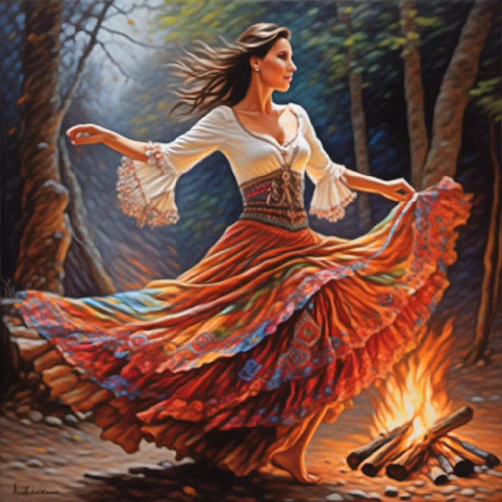 Prompt: <mymodel>Wide-angle, gypsy woman dancing around a campfire, vibrant colors, mesmerizing and fluid movements, high quality, oil painting, bohemian, warm tones, swirling skirts, detailed facial features, expressive eyes, mystical atmosphere, atmospheric lighting