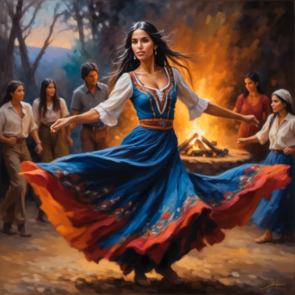 Prompt: <mymodel>Wide-angle, gypsy woman dancing around a campfire, vibrant colors, mesmerizing and fluid movements, high quality, oil painting, bohemian, warm tones, swirling skirts, detailed facial features, expressive eyes, mystical atmosphere, atmospheric lighting