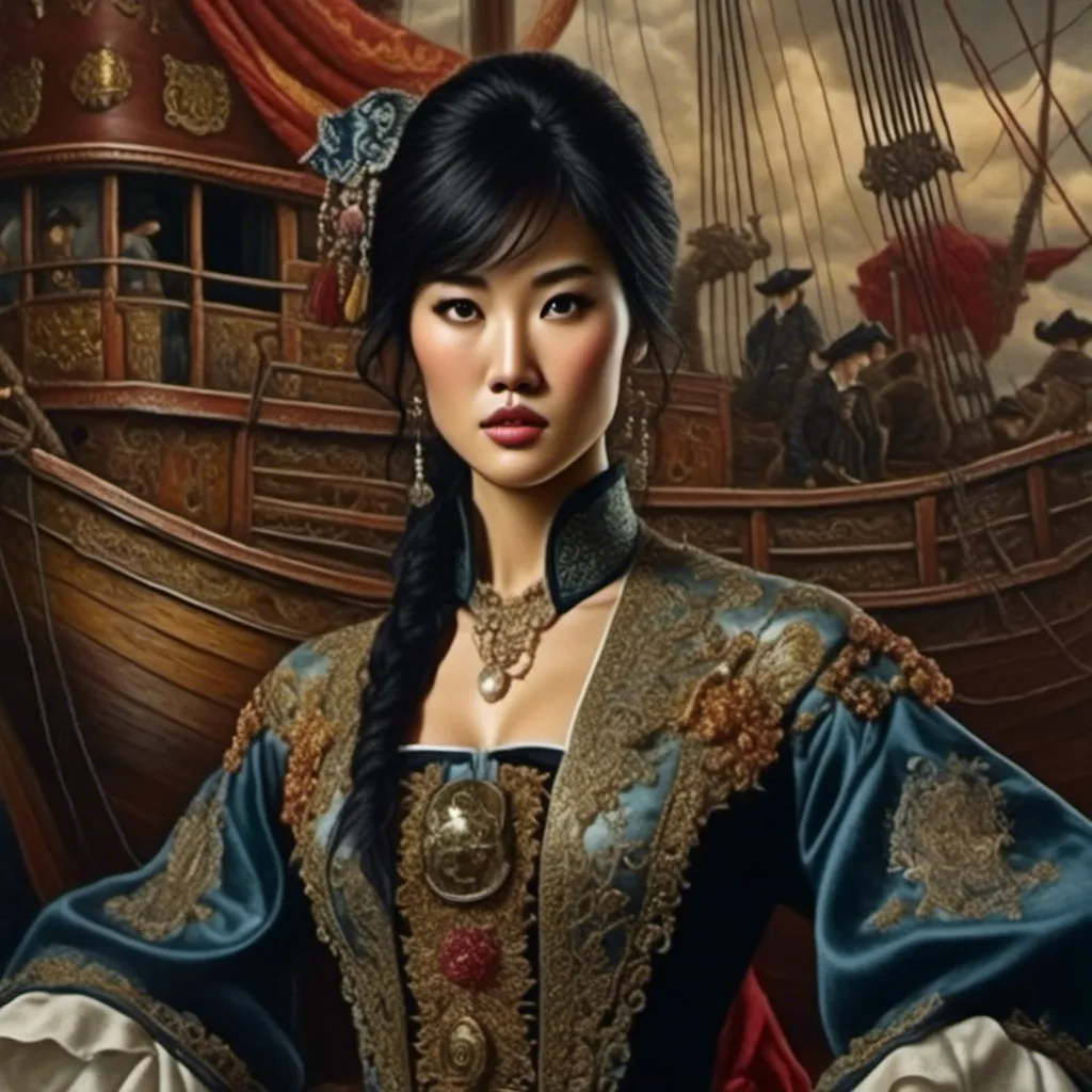 Prompt: <mymodel>Pirate queen Mistress Ching Shih, oil painting, intricate pirate ship in the background, detailed facial features and embroidered clothing, high quality, realistic, historic, rich color tones, dramatic lighting, powerful presence