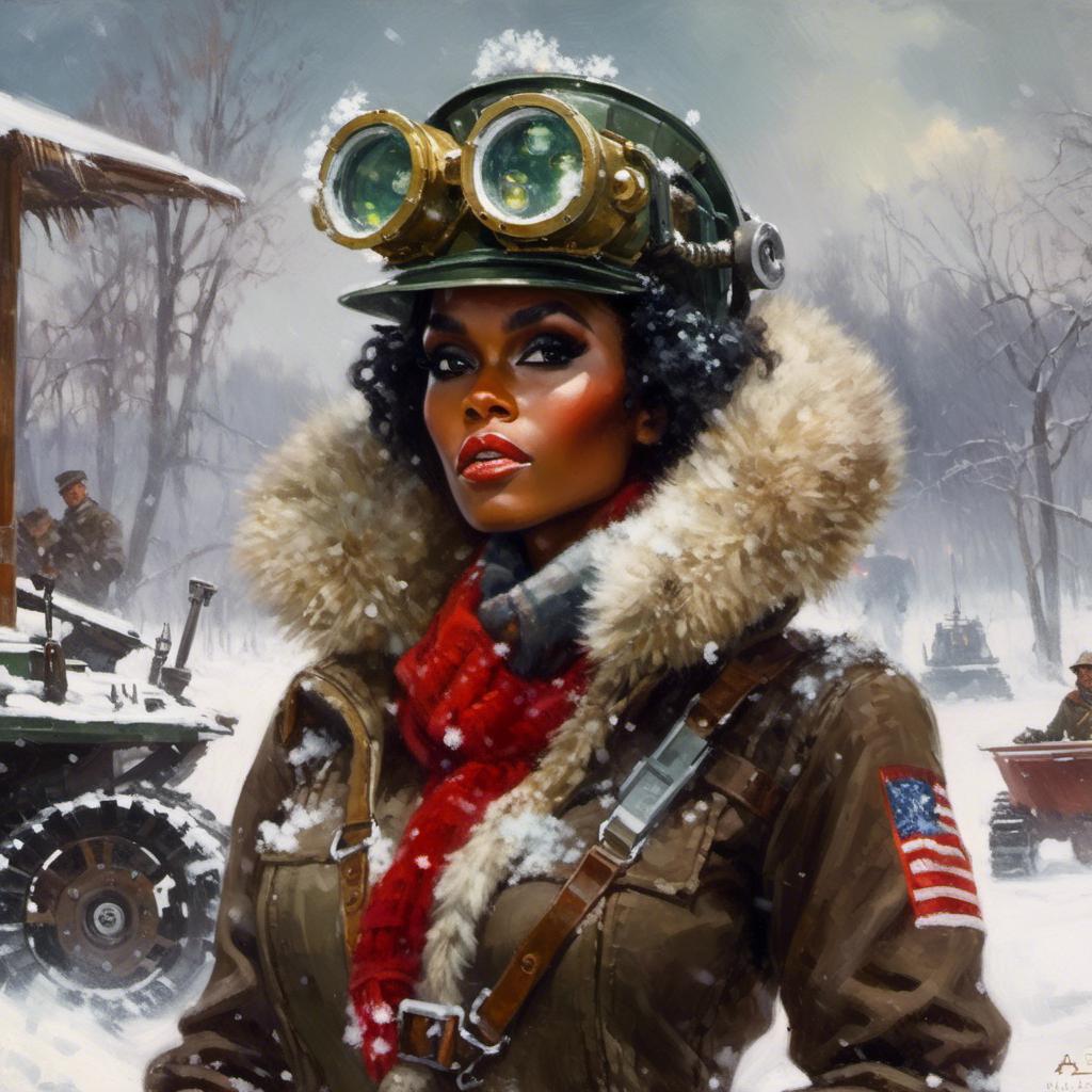 Image AI: Open Art: A portrait of  Janelle Monae as an atompunk  artic explorer fully covered by snowflakes in  the middle of  a robot battlefield with a  heavy snowstorm 

, a stunning Donato Giancola's masterpiece in <mymodel> Dieselpunk artstyle by Anders Zorn and Joseph Christian Leyendecker

, neat and clear tangents full of negative space 

, a dramatic lighting with detailed shadows and highlights enhancing depth of perspective and 3D volumetric drawing

, a  vibrant and colorful high quality digital  painting in HDR