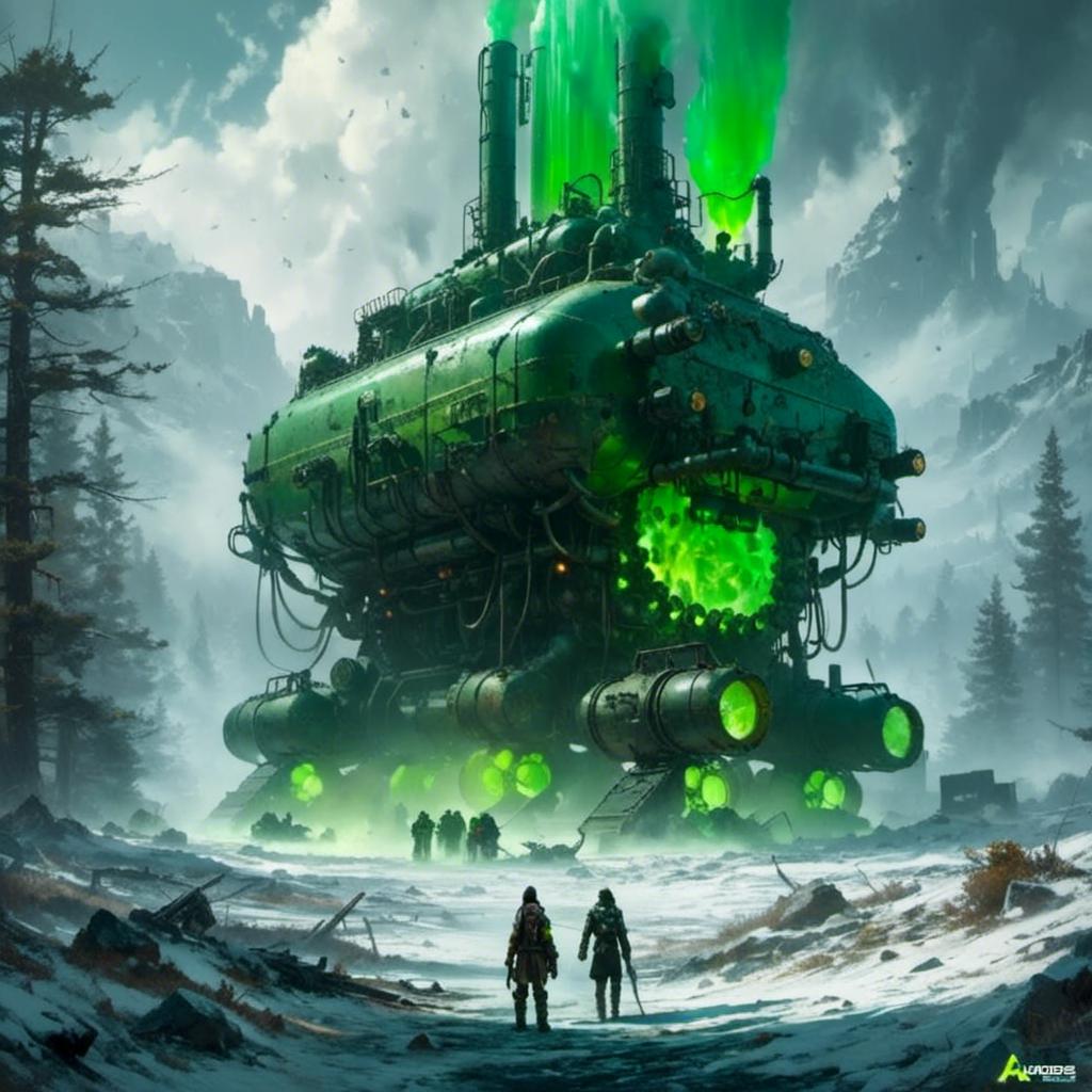 Image AI: Open Art: A <mymodel> a concept environment art landscape  

of a gloomy and somber 
snowy thundra

with a monolith ark 

full oozing green glass tanks 

shedding flaring volumetric light shafts throughout the darkness 

of a threatening noxious toxic artical wasteland engulfed by a snowstorm

, a stunning Donato Giancola masterpiece in post-apocalyptic sci-fi dieselpunk artstyle by Anders Zorn and Joseph Christian Leyendecker 

, neat and clear tangents full of negative space 

, ominous dramatic lighting with detailed shadows and highlights enhancing depth of perspective and 3D volumetric drawing

, colorful vibrant painting in HDR with shiny shimmering reflections