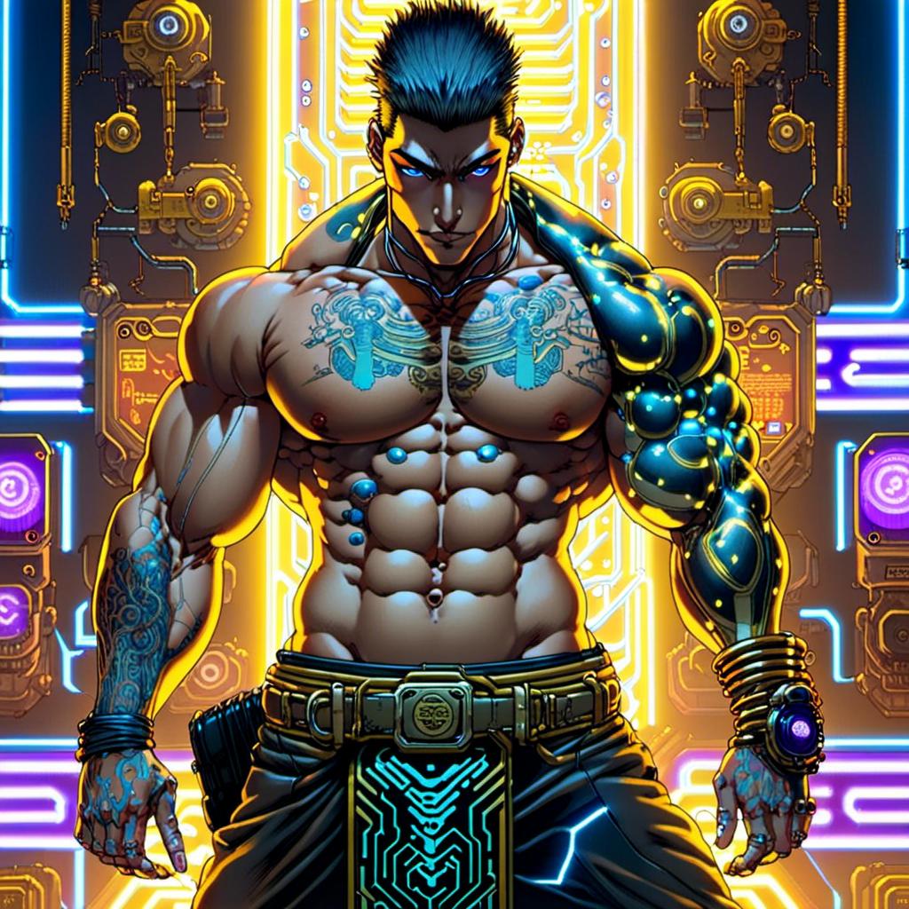 Image AI: Open Art: An ominous 
muscly monk with  her  body 

fully tattooed by glowing neon circuitry 

, a stunning Yoshitaka Amano's masterpiece in <mymodel> cyberpunk artstyle by Katsuya  Terada  and Masamune Shirow

, neat and clear tangents full of negative space 

, detailed dramatic lighting with contrasting shadows and highlights enhancing depth of perspective and 3D volumetric drawing

, a  vibrant and colorful high quality digital  painting in HDR