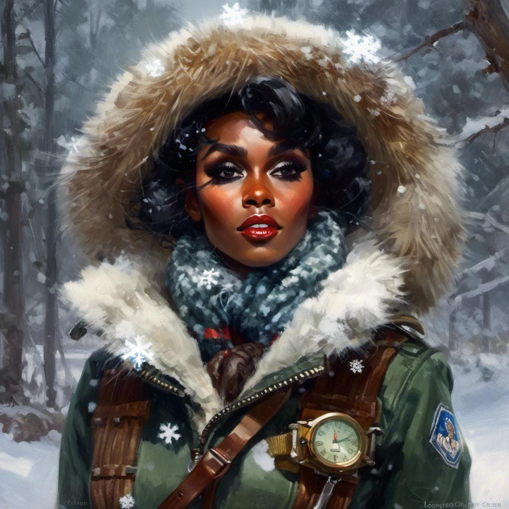 A portrait of  Janelle Monae as an atompunk  artic explorer full of snowflakes  in  the middle of  a