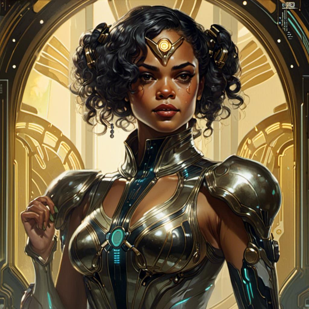 Image AI: Open Art: A <mymodel> portrait artwork of the threatening  sinister
Tessa Thompson

as a gloomy alien warframe pin-up

, a stunning Alphonse Mucha's masterpiece in  sci-fi retro-futuristic art deco artstyle by Anders Zorn and Joseph Christian Leyendecker

, neat and clear tangents full of negative space 

, ominous dramatic lighting with detailed shadows and highlights enhancing depth of perspective and 3D volumetric drawing

, a  vibrant and colorful high quality digital  painting in HDR