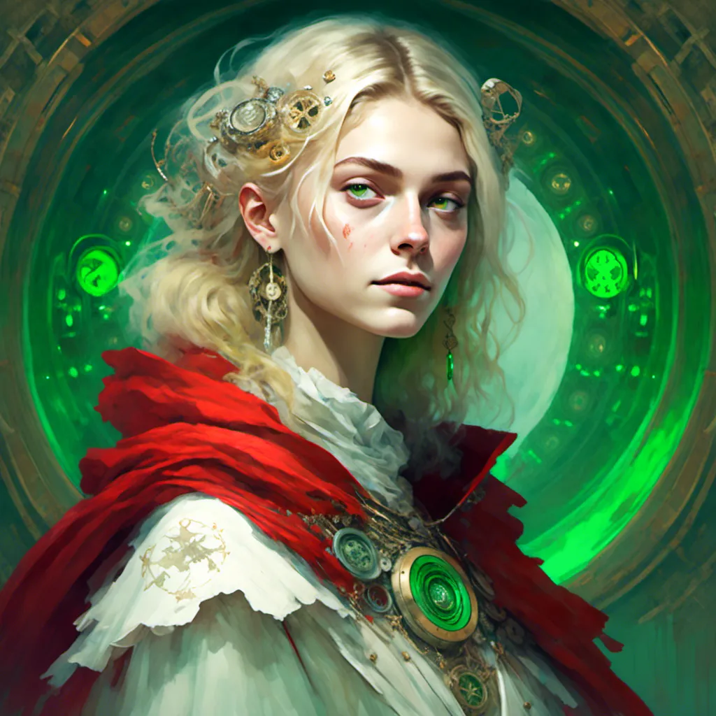 Prompt: <mymodel> portrait of a radiant greco-Roman sorceress with blonde hair and green eyes, dressed in a white gossamer dress and a red cloak surrounded by ethereal clockwork gears 