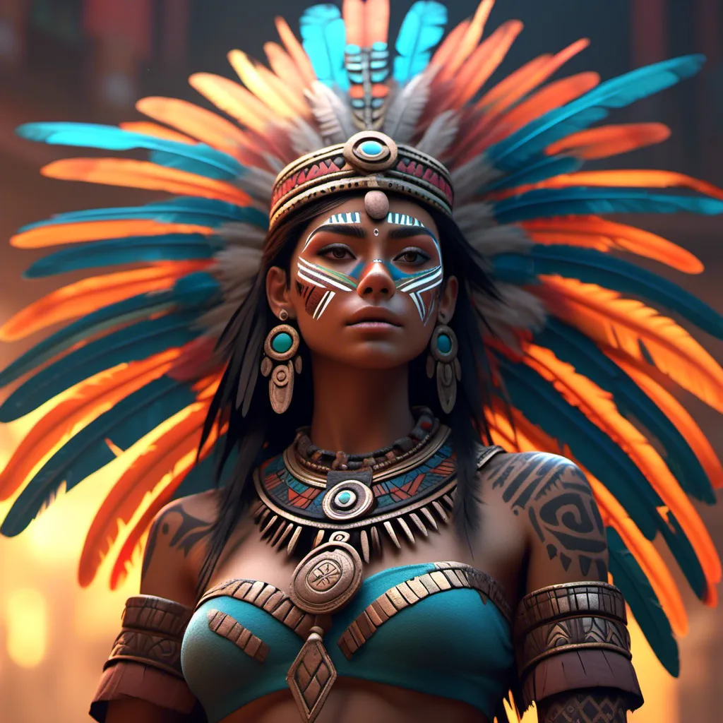 Prompt: Character Design, aztec warrior goddess, crown of body length feathers, full body, glowing aztec tattoos, beautiful, dark fantasy ::1 super-resolution, ultra-HD, 1080p, Vray ::1 <mymodel>