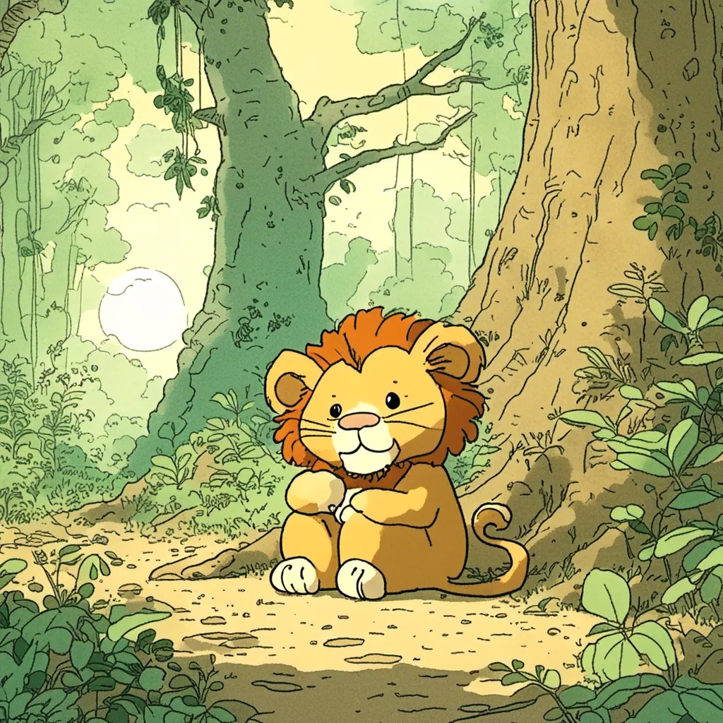 Prompt: <mymodel>Cartoon-style illustration of a lion cub in a jungle, sitting on the ground with eyes closed, dreaming, a wise owl perched on a tree branch, sunny day, peaceful expression, warm colors, cute and detailed, lush jungle, high quality, cartoon, vibrant colors, wise owl, playful lion cub, dreamy atmosphere, detailed textures, professional.
