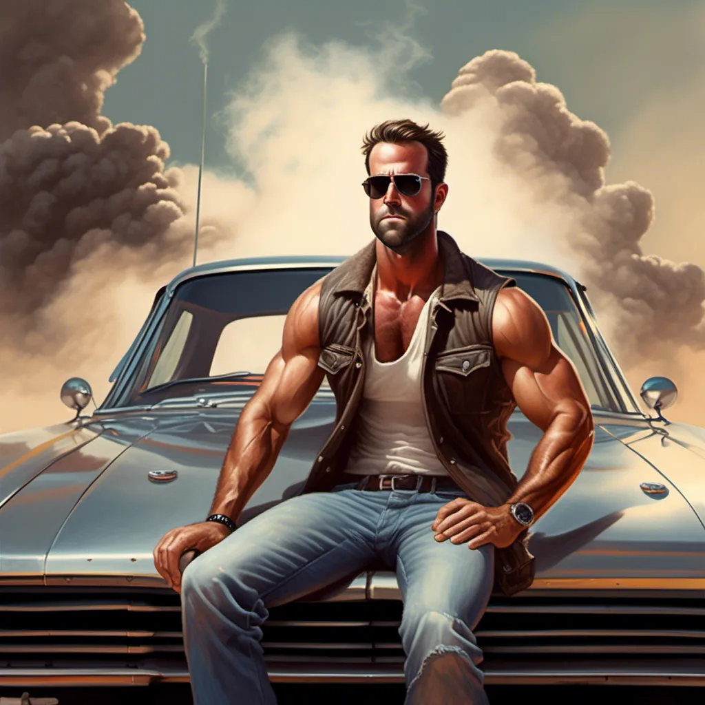 Prompt: <mymodel>Detailed, fantasy anime  of a muscular, rugged hunk sitting on the hood of a hotrod, large biceps,  smoking a cigarette, black ray ban sunglasses, vintage pencil drawing, smoke swirling around, stubble, white wifebeater, denim jeans, , intense lighting, high quality, vintage, realistic, detailed, rugged features, atmospheric lighting, classic car, smoking cigarette, intense gaze, professional art style, black and white, dramatic shadows, james dean, black background with smoke swirling around, dark sunglasses