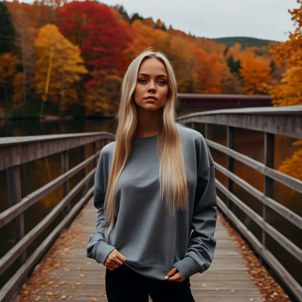 Prompt: <mymodel> honey blonde hair, oversized completely blank dark gray heather crewneck sweatshirt.  colorful fall tree line and red covered bridge in  background. professional lighting,4k, hd