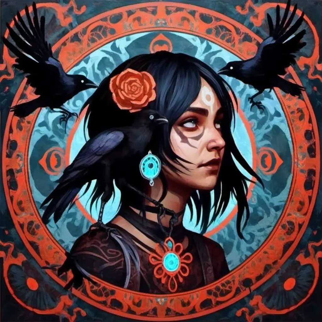 Prompt: <mymodel> anime art nouveau. Crows. Brown skin woman. Mandala. Gothic. Oil painting.