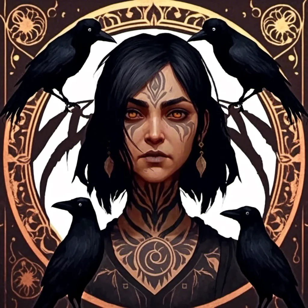 Prompt: <mymodel> anime art nouveau. Crows. Brown skin woman. Mandala. Gothic. Oil painting.