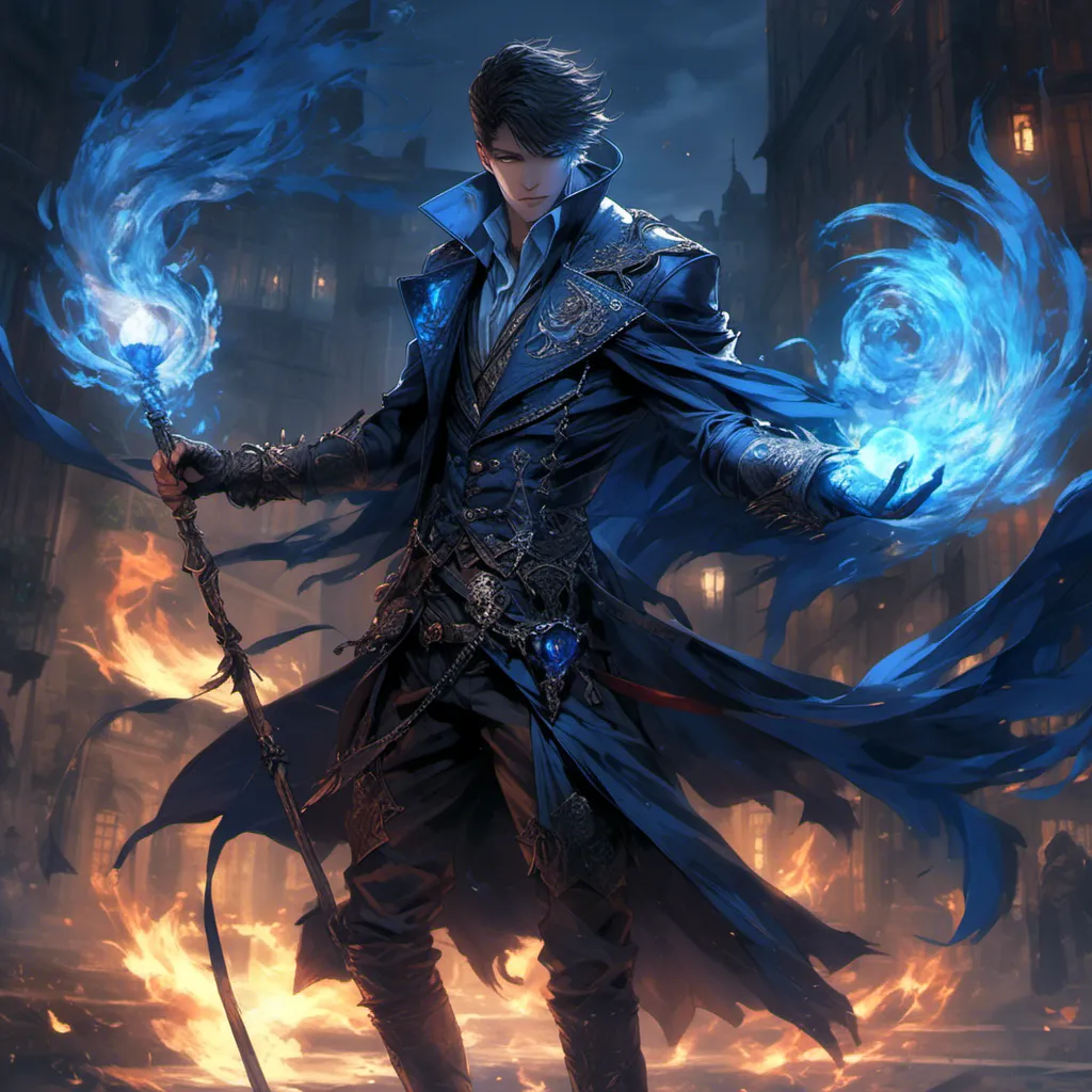 Prompt: <mymodel> handsome male warlock with blue flame magic. Blue Phoenix on a magic staff.