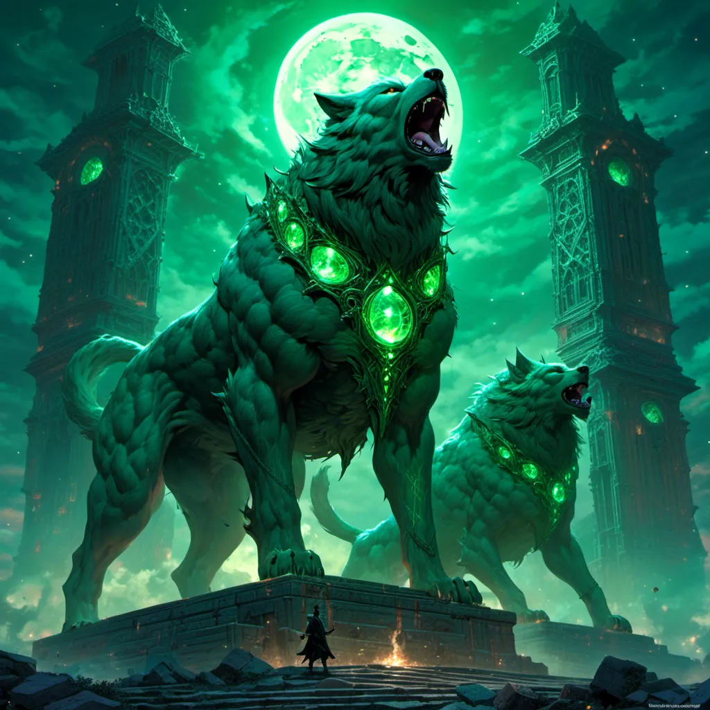 Prompt: <mymodel> green miasmic Cerberus howling at the moon