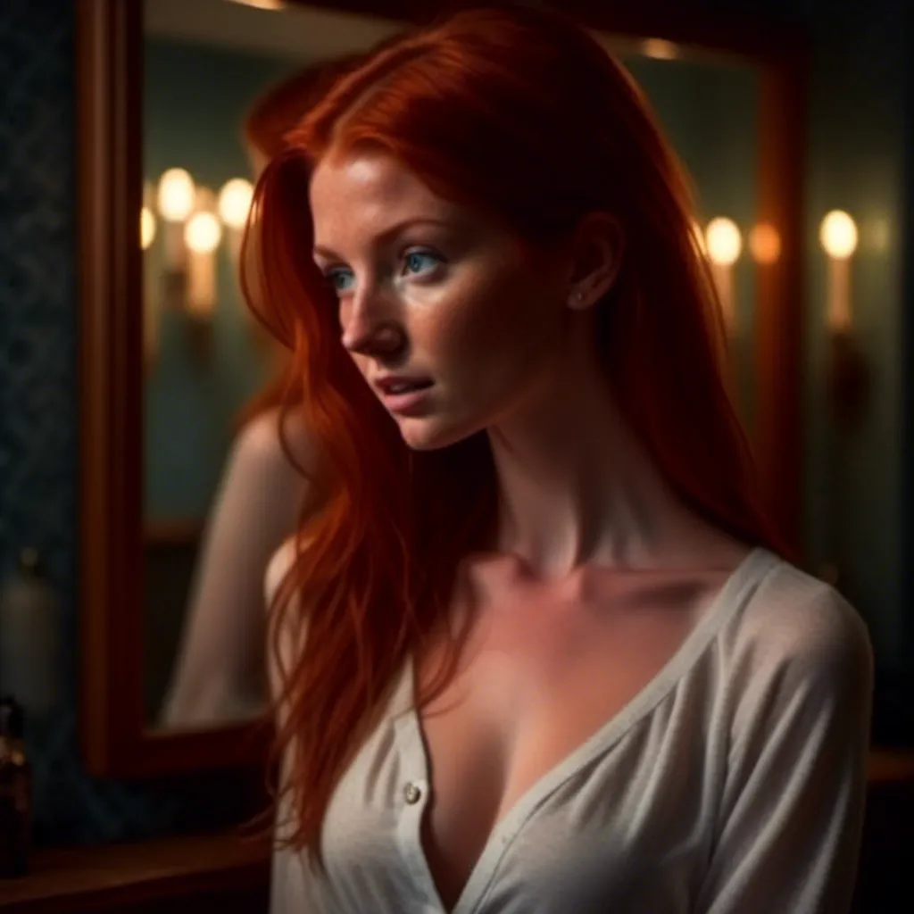 Prompt: <mymodel> photorealistic, (dark color scheme), attractive redhead girl, dressed in a white blouse with the three upper buttons open, ambient lighting casting soft shadows, focused expression, reflections in the mirror, subtle makeup details, high-quality 4K, moody atmosphere, iuxuious setting, hints of gloss on the lips, modern bathroom background, rich and deep tones, ultra-detailed artistry.