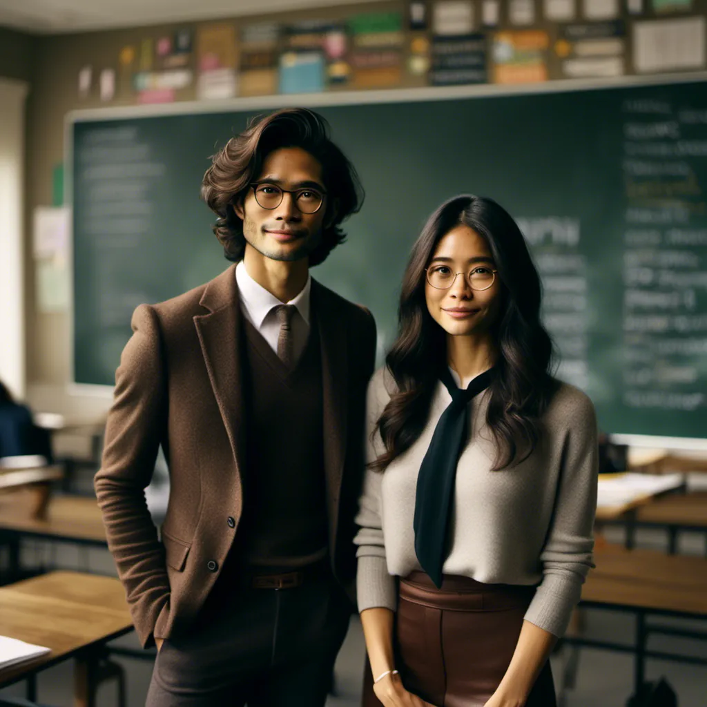 Prompt: Joseph <mymodel> and Maria <mymodel> standing in a classroom next to each other. They are both  facing the camera standing in a classroom next to a chalkboard. Their is room between the two of them for my to insert myself digitally between them.