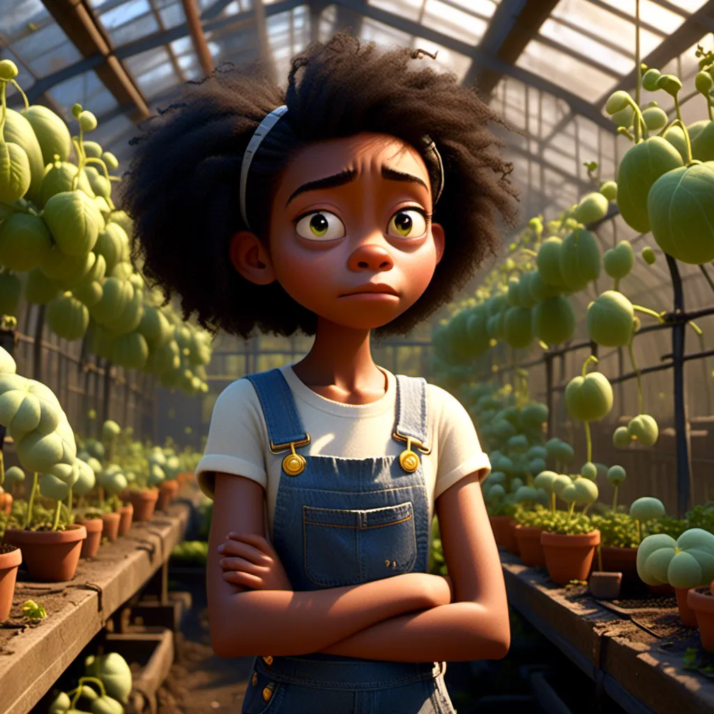 Prompt: <mymodel>ten year old black girl standing in a rundown greenhouse holding stomach with troubled look. Pixar style