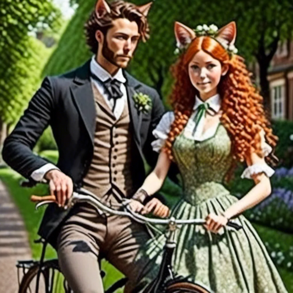 Prompt: <mymodel> Highly Detailed, 1800's Couple with  cat ears matching hair color, Riding a Bicycle for two, Riding on a paved road,  surrounded by an English garden, manicured vast lawn Intricately Detailed, Professional Photo realistic