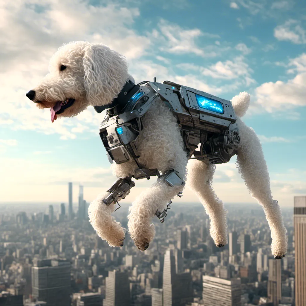Prompt: <mymodel>Cinematic render of a dog-looking mecha flying over a city, with two piercing blue eyes, sleek metallic body, futuristic cityscape below, high-quality, detailed, mecha, futuristic, dog, flying, city, cinematic render,  sleek, metallic, futuristic cityscape, detailed render