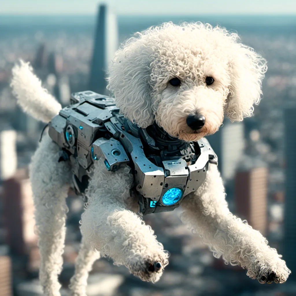 Prompt: <mymodel>Cinematic render of a dog-looking mecha flying over a city, with two piercing blue eyes, sleek metallic body, futuristic cityscape below, high-quality, detailed, mecha, futuristic, dog, flying, city, cinematic render,  sleek, metallic, futuristic cityscape, detailed render