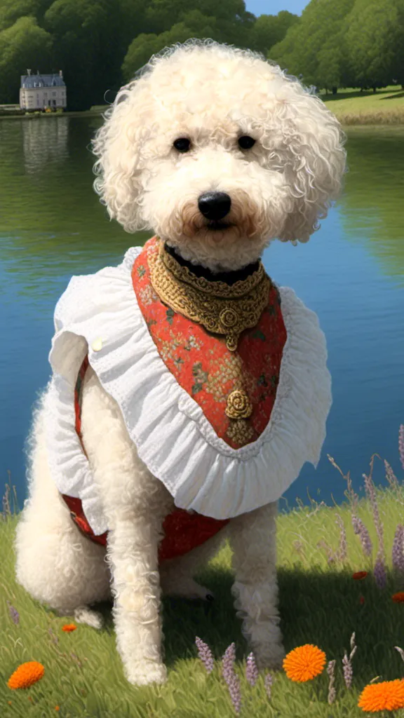 Prompt: <mymodel>dog in a dress gentry, 1800, traveling England, lake, mansion, vibrant, grim, romantic, hystorical, intricate details, hyperdetailed, 4k, painting, trending on artstation