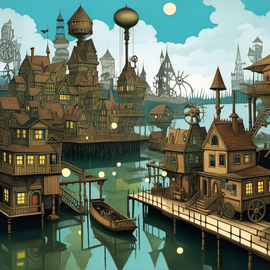 Prompt: Steampunk, Fantasy Victorian Downtown City, Steampunk Fantasy Swamp, Marsh, Lake, Night, Treehouses, Sparkles, Gears, Victorian <mymodel>