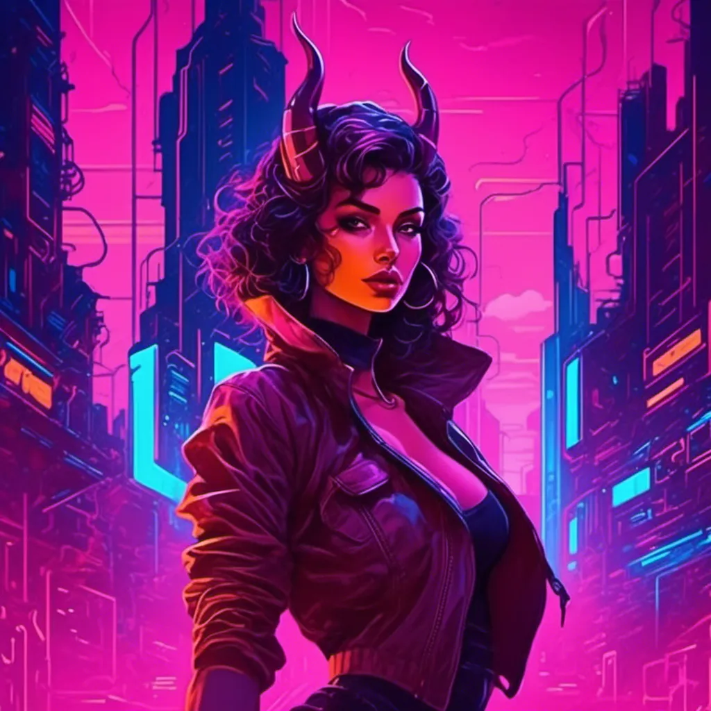 Prompt: a beautiful female demon in a dynamic pose in a retro futuristic synthwave cyberpunk neon paradise in <mymodel> style.  neon lighting, synthwave, cyber, futuristic city atmosphere. 