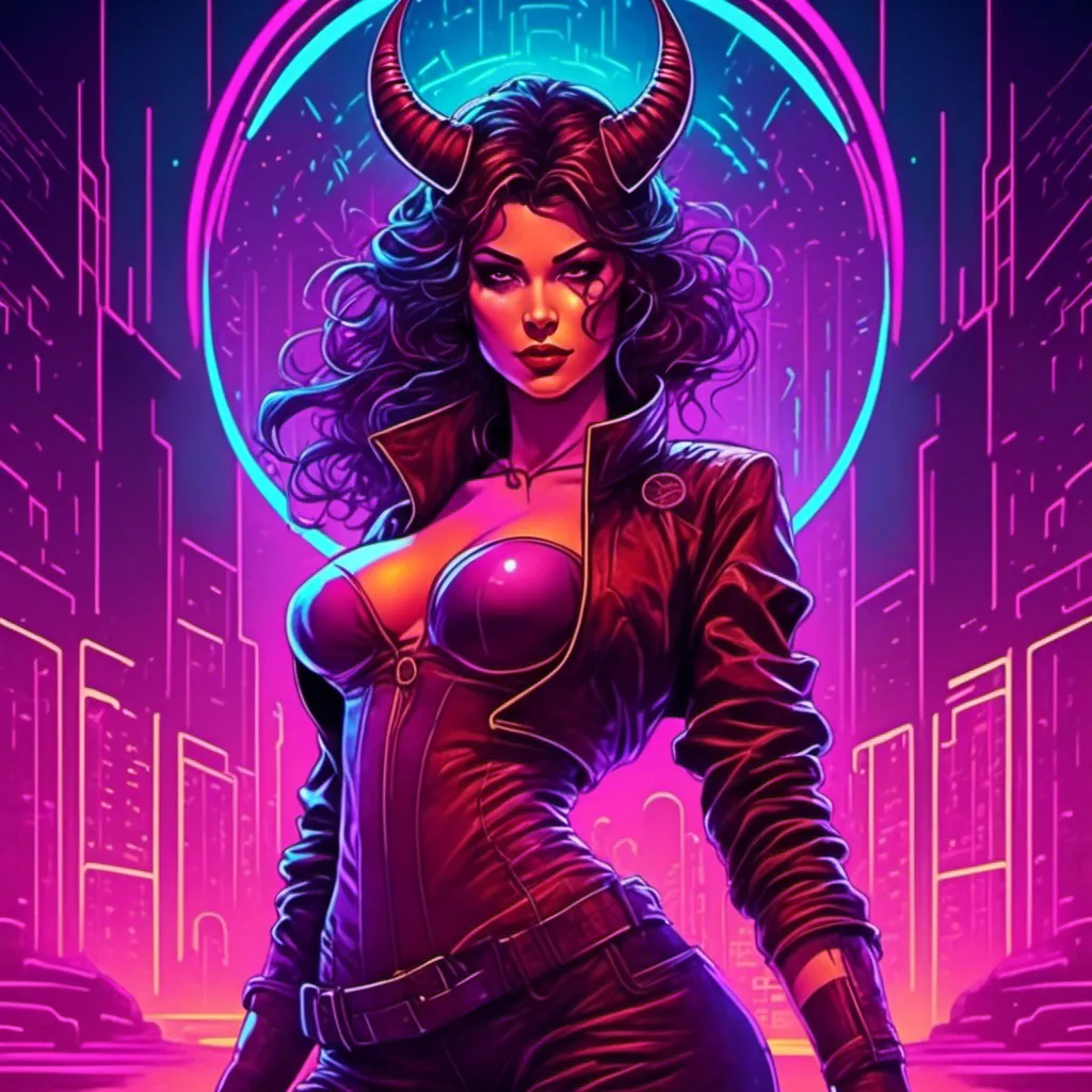 Prompt: a beautiful female demon in a dynamic pose in a retro futuristic synthwave cyberpunk neon paradise in <mymodel> style.  neon lighting, synthwave, cyber, futuristic city atmosphere. 