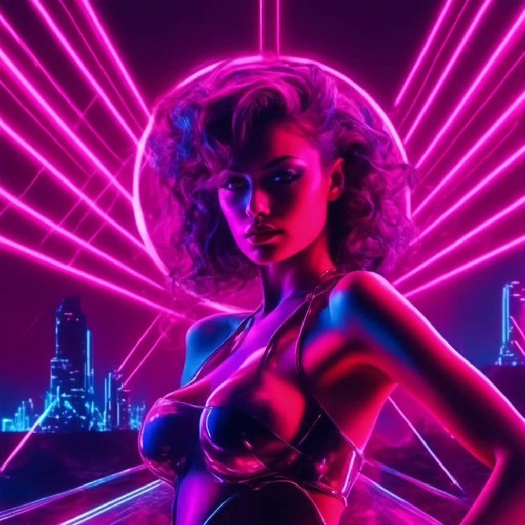 Prompt: a beautiful female demon in a dynamic pose in a retro futuristic synthwave cyberpunk neon paradise in <mymodel> style.  neon lighting, synthwave, cyber, futuristic city atmosphere. 