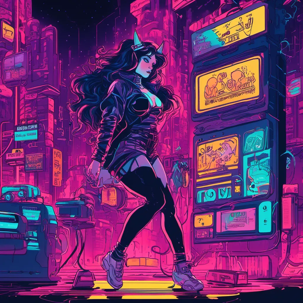 Prompt: a beautiful female demon in a dynamic pose in a retro futuristic synthwave cyberpunk neon paradise in <mymodel> style.  neon lighting, synthwave, cyber, futuristic city atmosphere. 