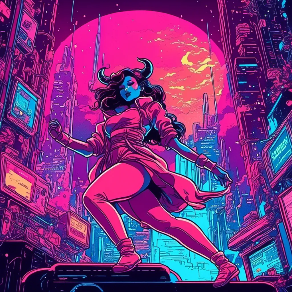 Prompt: <mymodel> a beautiful female demon in a dynamic pose in a retro futuristic synthwave cyberpunk neon paradise.  neon lighting, synthwave, cyber, retro, futuristic 